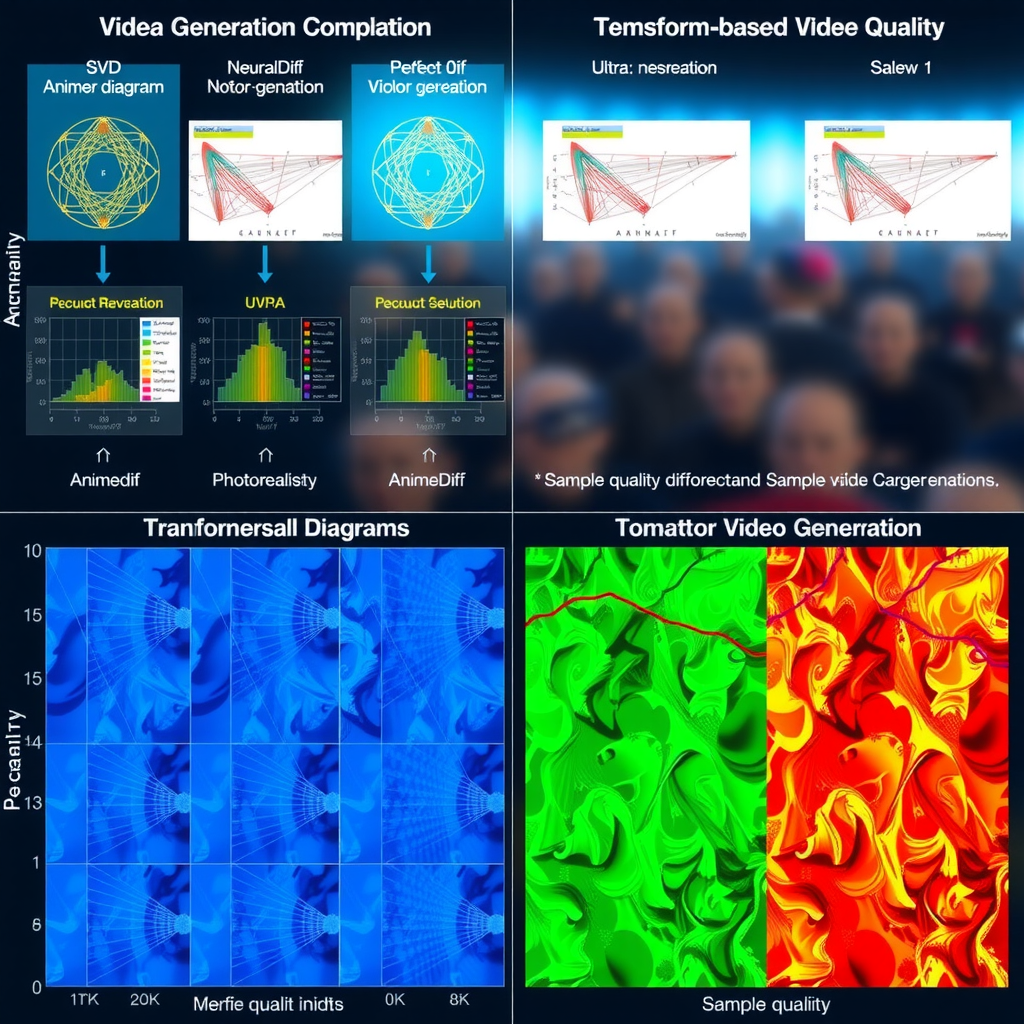 Comprehensive visualization showing side-by-side comparison of SVD, AnimateDiff, and transformer-based video generation architectures with neural network diagrams, data flow charts, and sample output frames demonstrating temporal coherence and visual quality differences