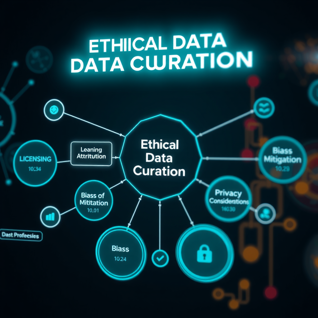 Conceptual visualization of ethical data curation framework showing interconnected nodes representing licensing, attribution, bias mitigation, and privacy considerations in a futuristic interface with teal accents on dark background