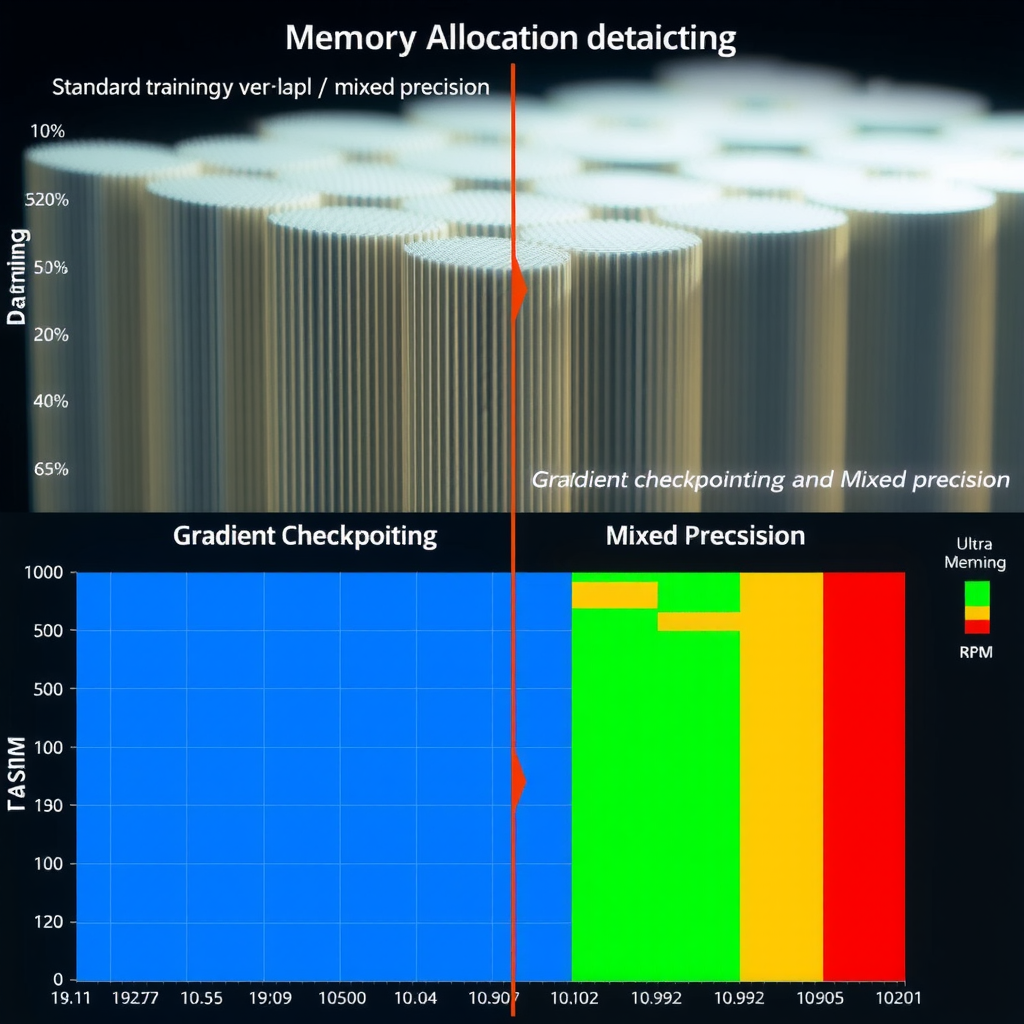 Detailed memory allocation visualization comparing standard training versus optimized training with gradient checkpointing and mixed precision, displaying dramatic reduction in VRAM usage across different model layers with color-coded memory segments