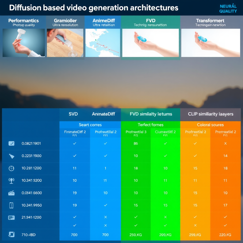 Comprehensive comparison chart of diffusion-based video generation architectures including SVD, AnimateDiff, and transformer models with performance metrics graphs, FVD scores visualization, CLIP similarity measurements, and technical architecture diagrams showing neural network layers