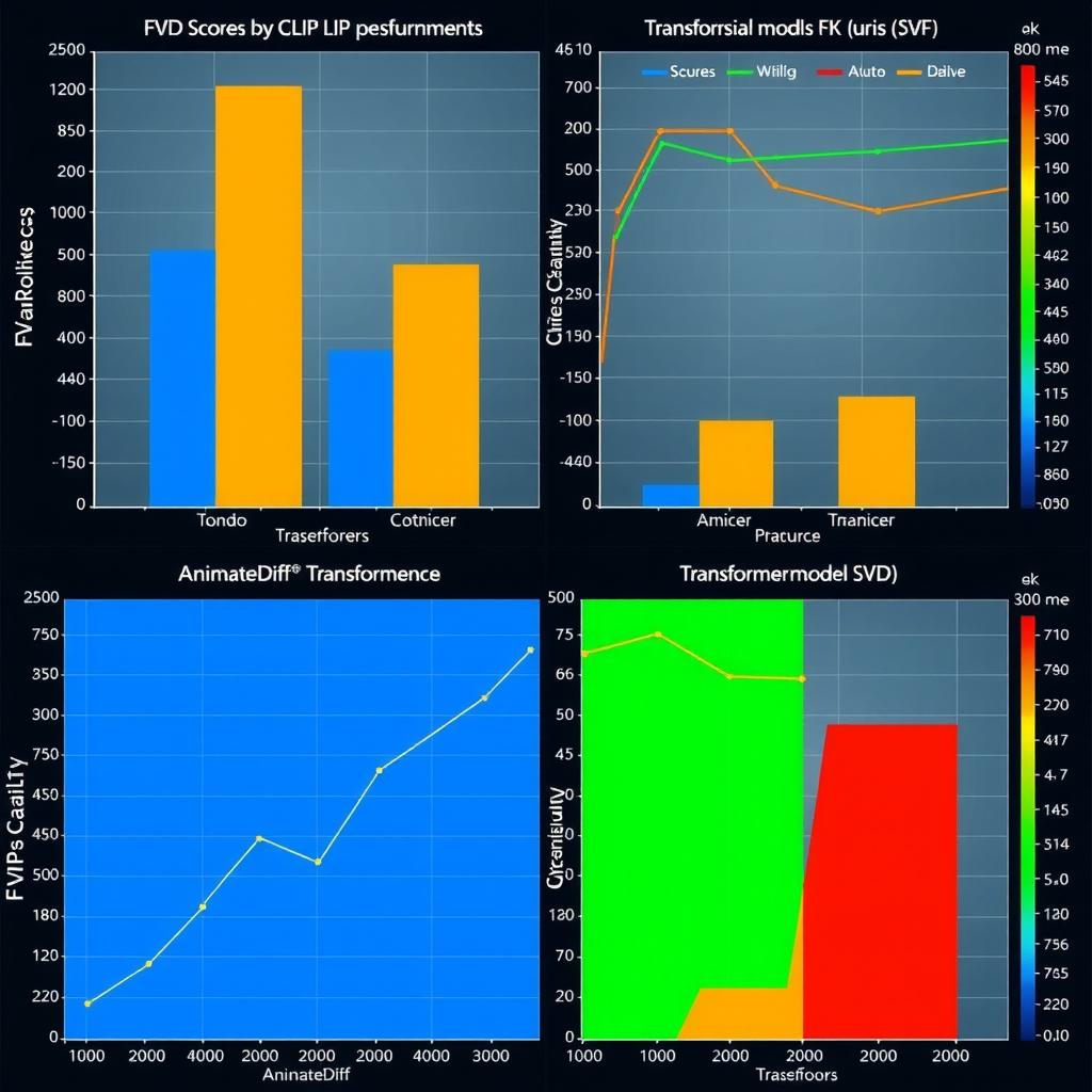 Comprehensive data visualization showing bar charts and line graphs comparing FVD scores, CLIP similarity measurements, and temporal coherence evaluations across SVD, AnimateDiff, and transformer models with color-coded performance indicators and statistical confidence intervals