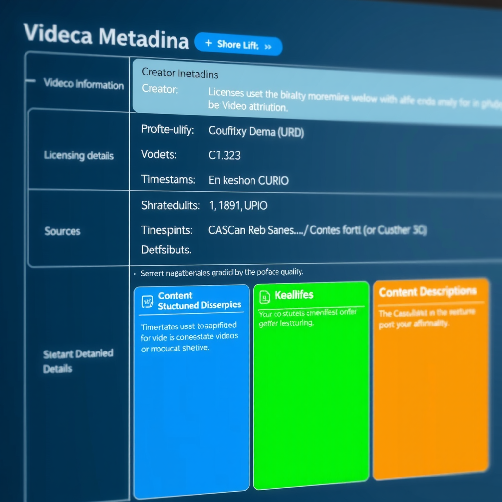 Technical diagram showing structured metadata schema for video attribution including fields for creator information, licensing details, source URLs, timestamps, and content descriptors in a database-style layout