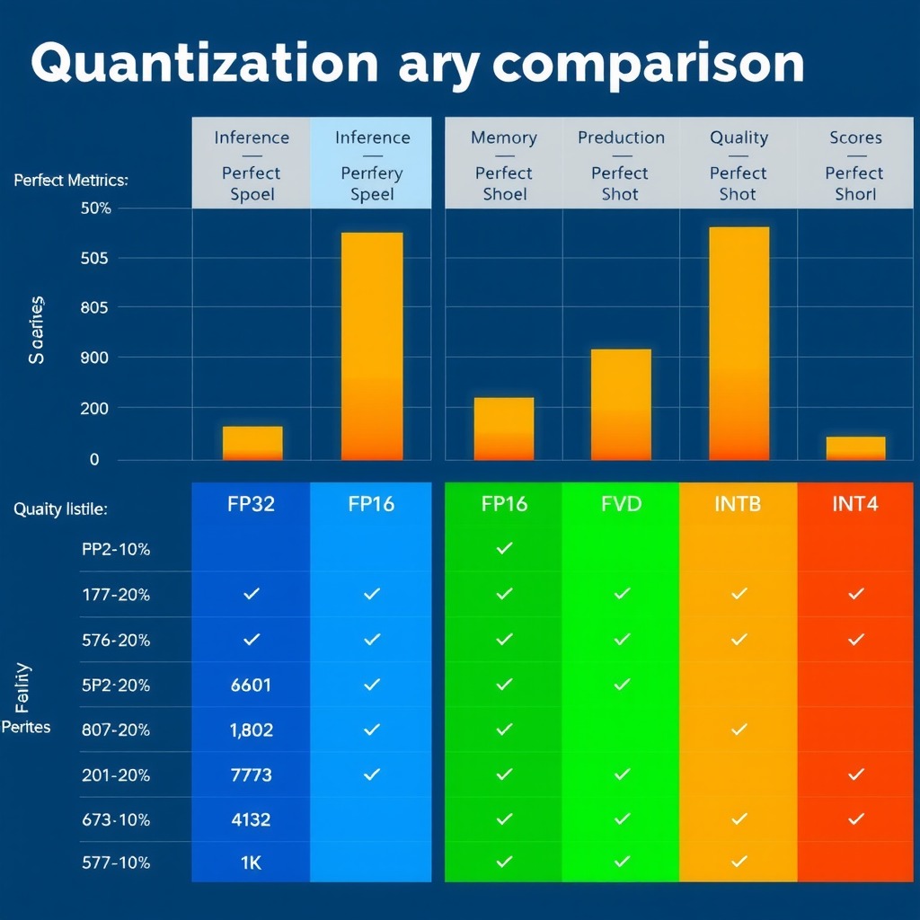 Comprehensive quantization performance comparison chart displaying inference speed improvements, memory usage reduction, and quality metrics (FVD scores) across FP32, FP16, INT8, and INT4 precision levels with color-coded bar graphs and trend lines
