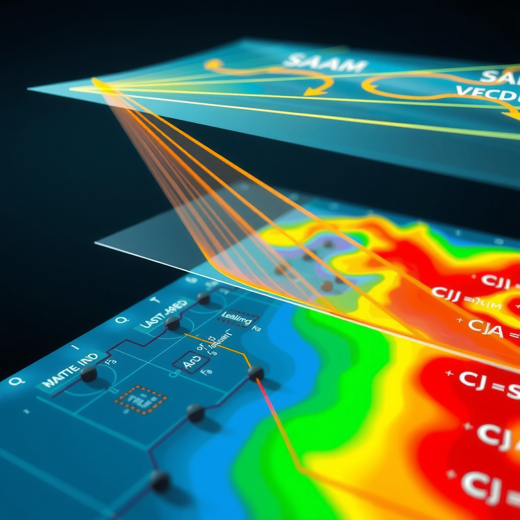 Technical visualization of latent space interventions in video generation showing semantic direction vectors, interpolation pathways, 3D latent space mapping with color-coded regions, mathematical formulations overlaid on neural network diagrams, and code snippets demonstrating vector operations