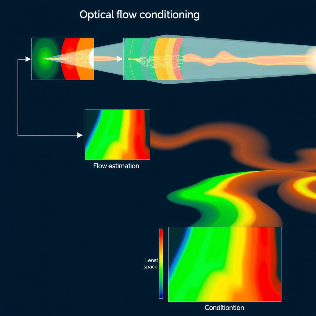 Technical pipeline diagram illustrating optical flow conditioning process, showing input frames being processed through flow estimation network, flow field visualization with color-coded motion vectors, warping operations in latent space, and final conditioned output frames with improved temporal consistency