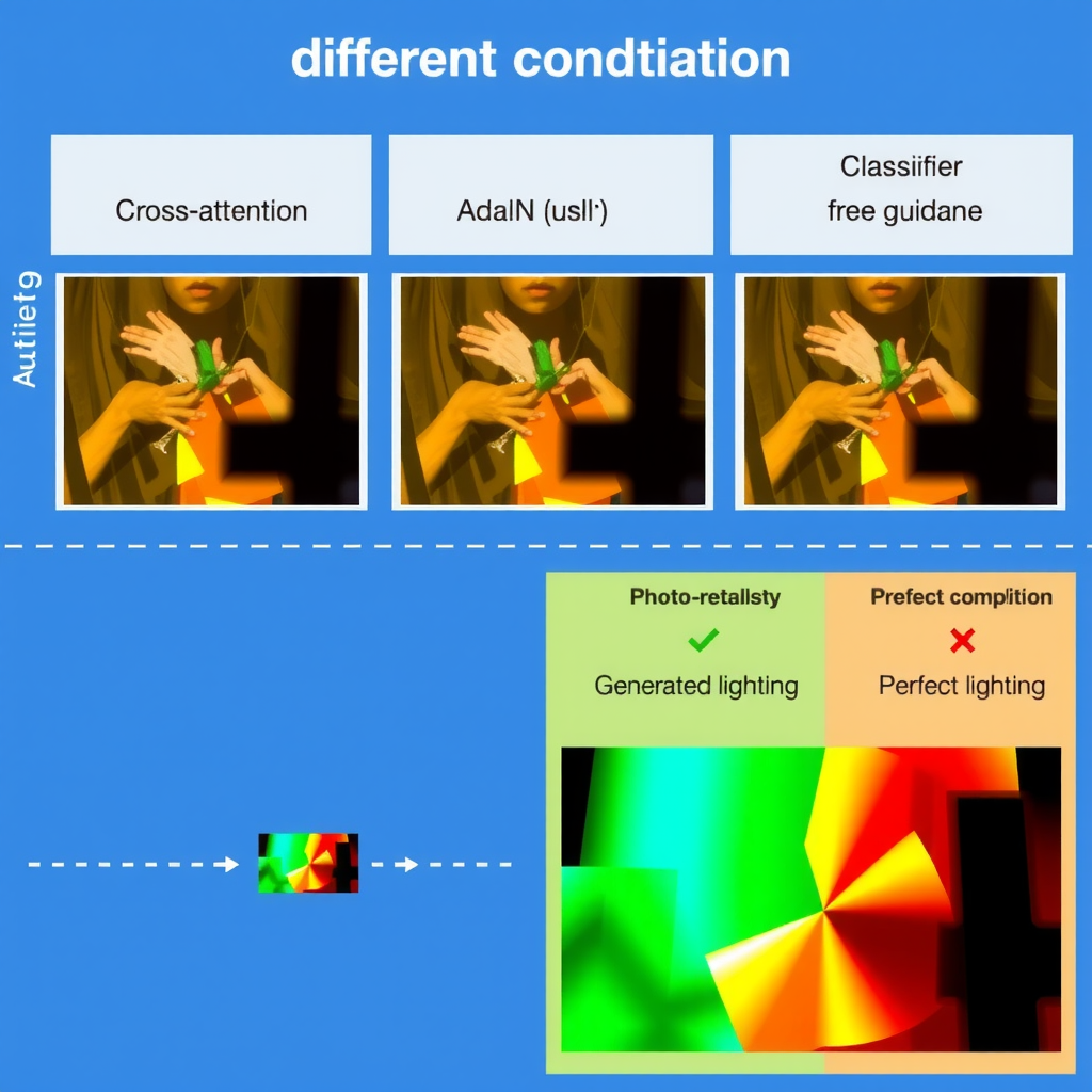 Comprehensive diagram illustrating different conditioning approaches including cross-attention, AdaIN, and classifier-free guidance, with visual examples showing how each method affects the generated video output