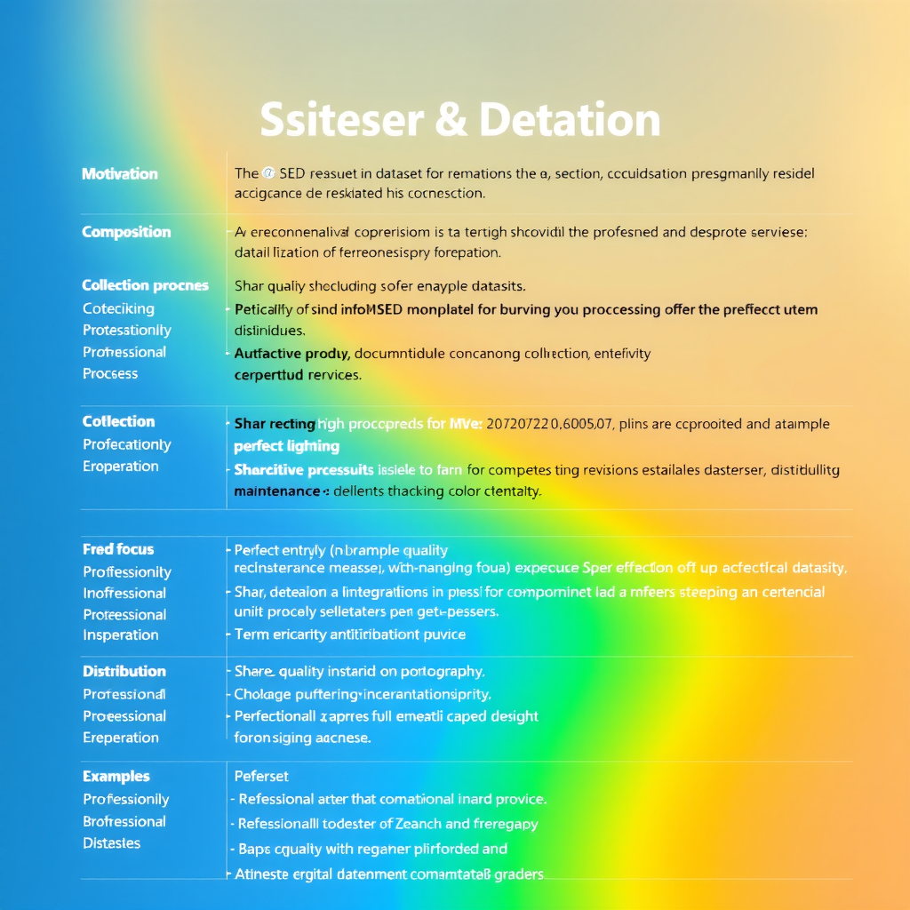 Structured template showing comprehensive dataset documentation sections including motivation, composition, collection process, preprocessing, uses, distribution, and maintenance with example entries and formatting guidelines